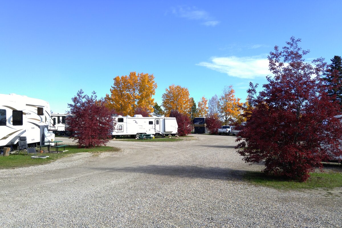 Wide gravel road between spacious RV sites with fall foliage and blue sky